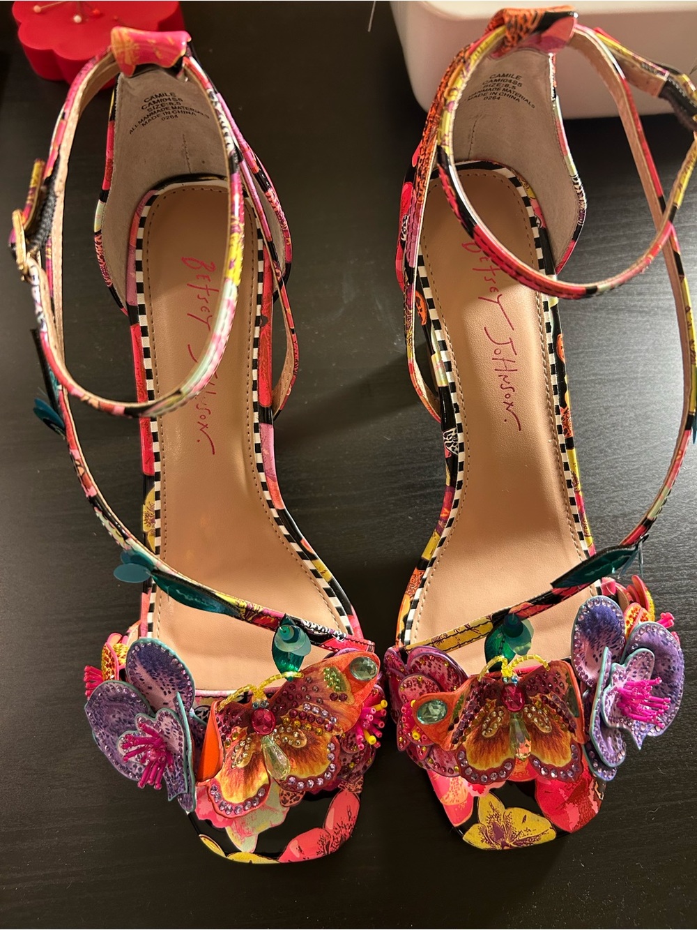 Betsey Johnson Multicolor Floral Embellished Ankle-Strap Heels